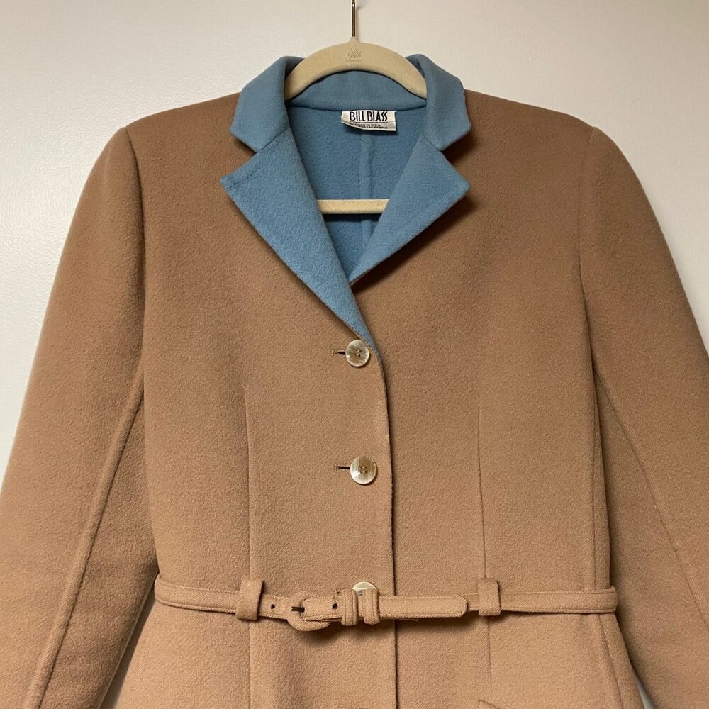 BILL BLASS Camel Belted Coat with Light Blue Lining Bergdorf Goodman